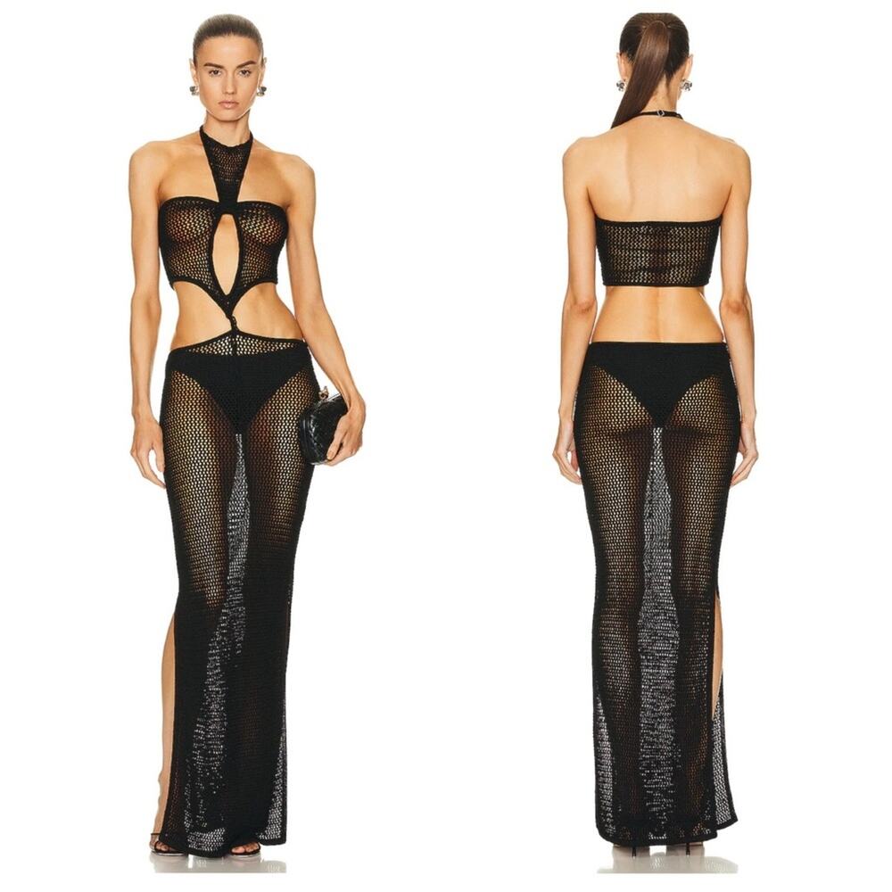 Aya Muse Boletu Open-Knit Cut-Out Halterneck Dress Black Size Large NWT